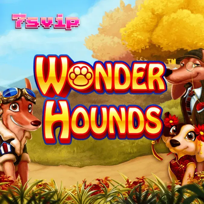 Tampilan antarmuka permainan slot Wonder Hounds dengan tema anjing yang ceria